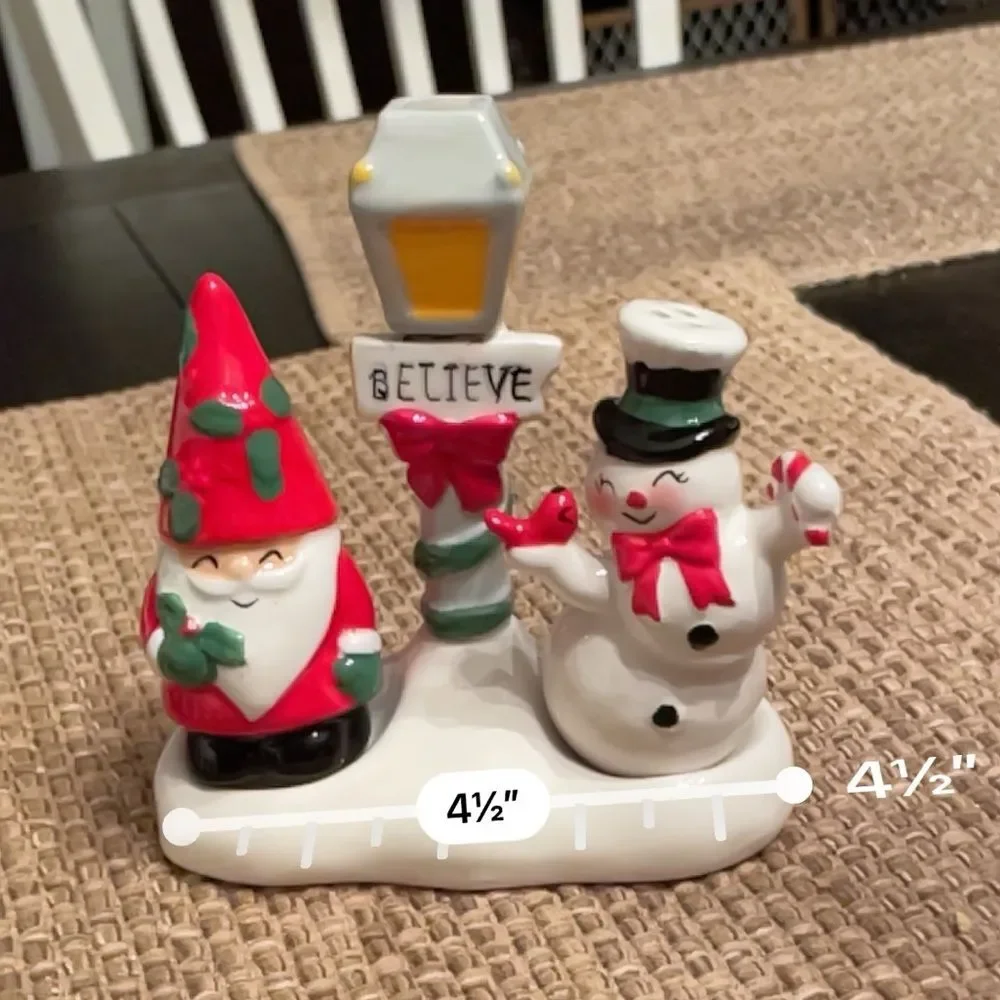Midwest Gift Santa and Snowman Salt and Pepper Shakers with Believe Lantern